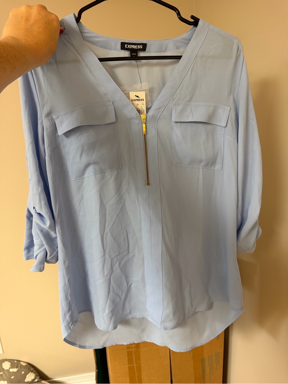 Express Pale Blue Zip-Front Utility Blouse